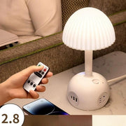 a person holding a remote control next to a lamp