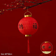 a red paper lantern hanging from a tree branch